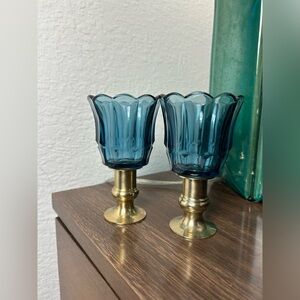 vintage tulip blue glass voltives with brass candlestick holder pair